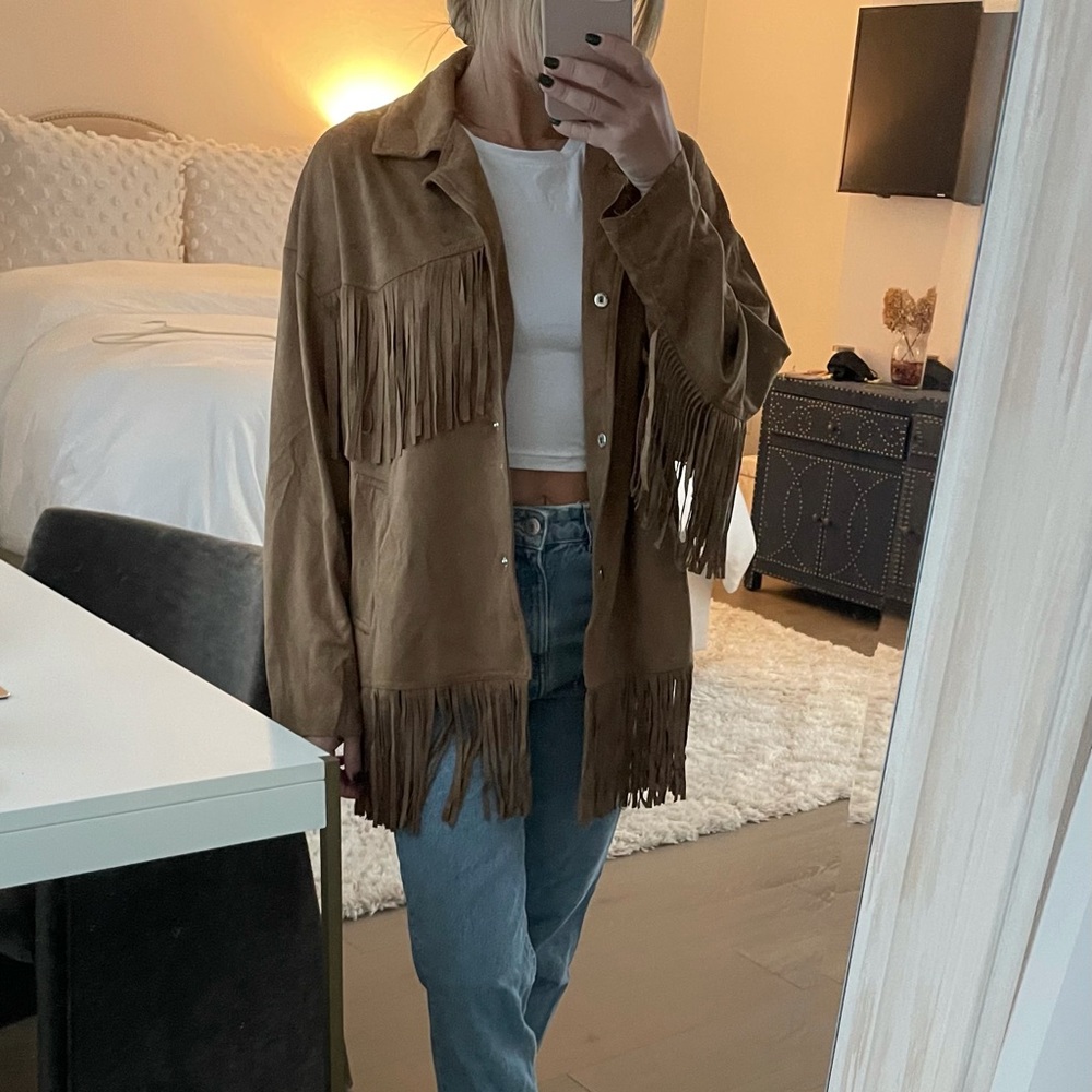 NEW WITH TAGS, fringe faux suede jacket